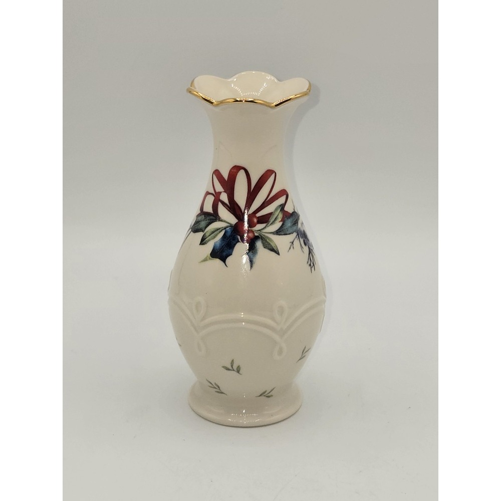 Lenox‎ Winter Greetings Bud Vase Catherine McClung Holly Ribbon Gold Trim 5"